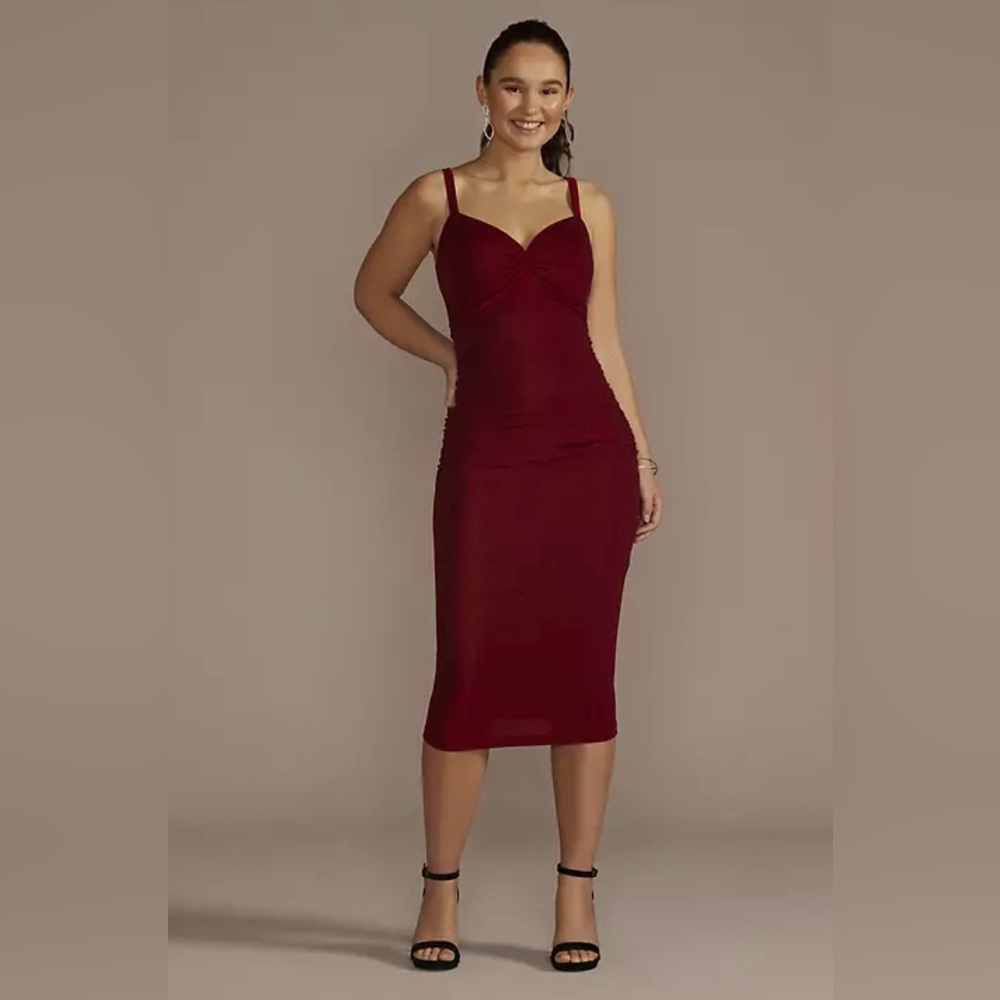 Red shimmer dress, not glitter. Does not rub off. Worn once!